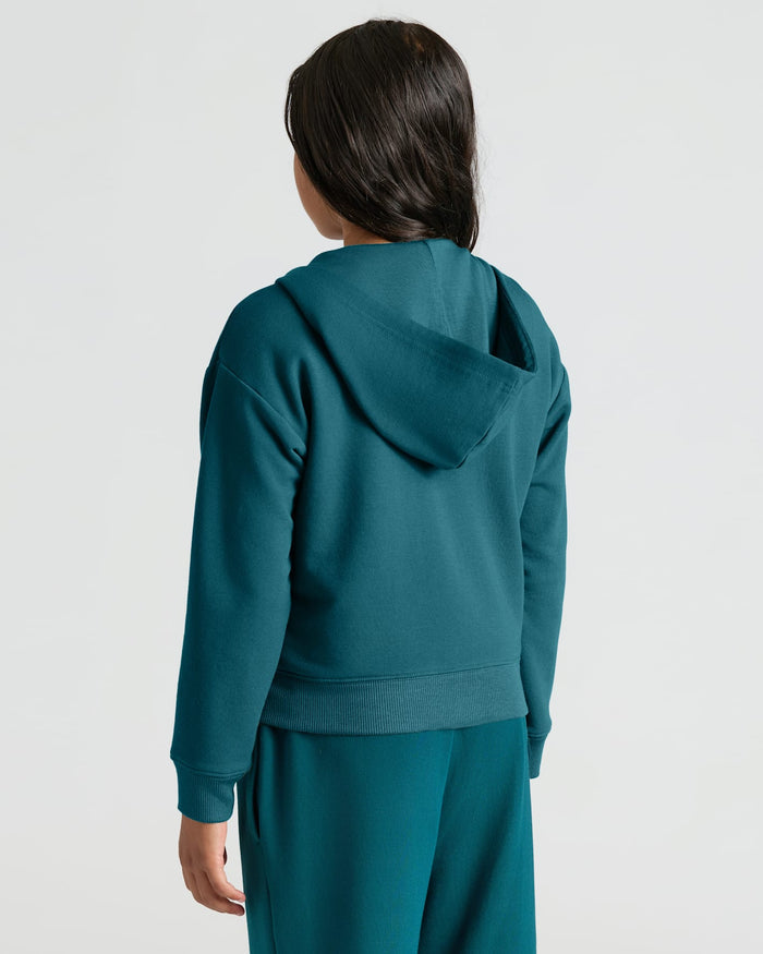 Girl wearing Girls Deep Emerald Cropped Zip Hoodie & Relaxed Joggers 2-Pack.