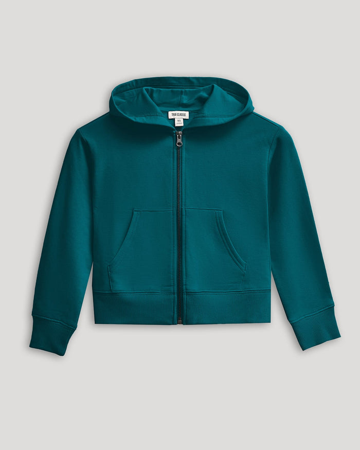 Girls Deep Emerald Cropped Zip Hoodie with kangaroo pocket and ribbed cuffs.