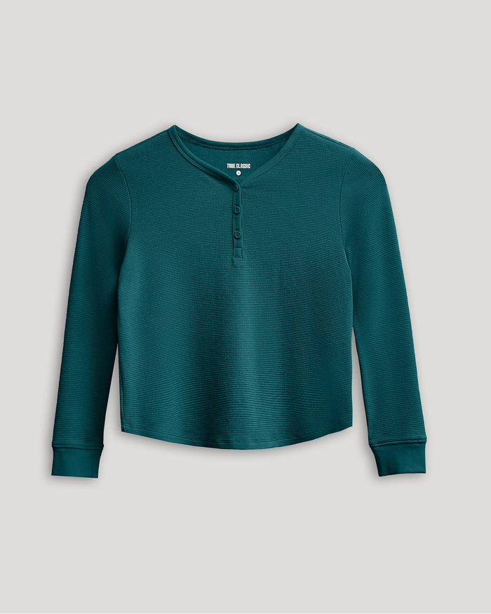 Girls Deep Emerald Long Sleeve Boxy Waffle Henley with buttoned neckline.