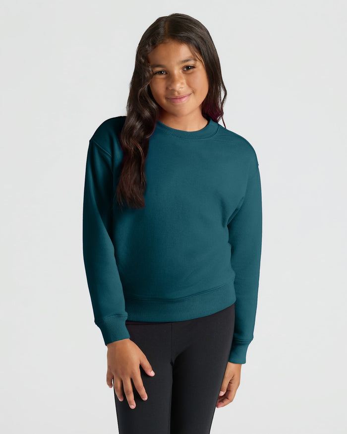 Young person in Girls Deep Emerald Slouch Pullover Crew.