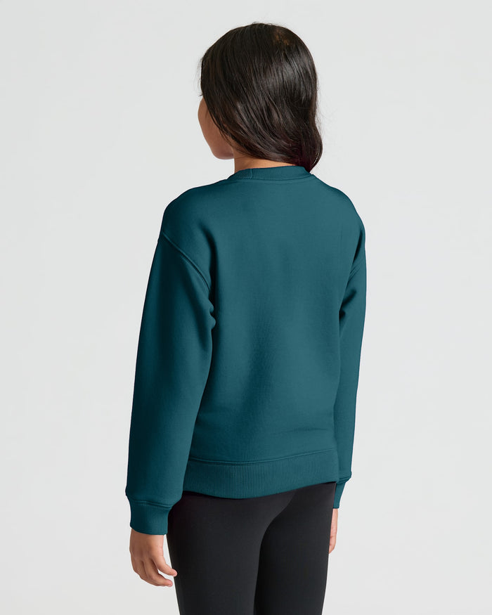 Back view of Girls Deep Emerald Slouch Pullover Crew.