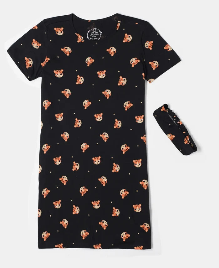 Girl's Super Combed Cotton Printed Dress with Matching Headband - Assorted