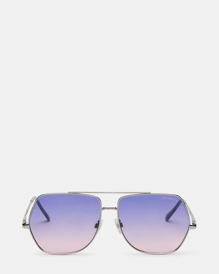 GRAYSEN Silver Frame Aviator Blue Gradient Lens Sunglasses | Steve Madden