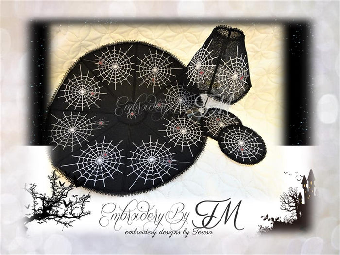 Halloween set /large doily, wine glass shades and coasters