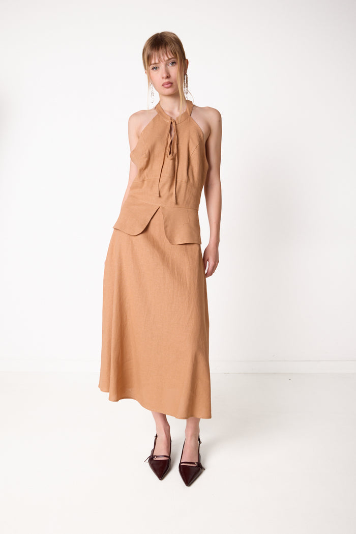 Halterneck midi dress with layered waist detail wholesale