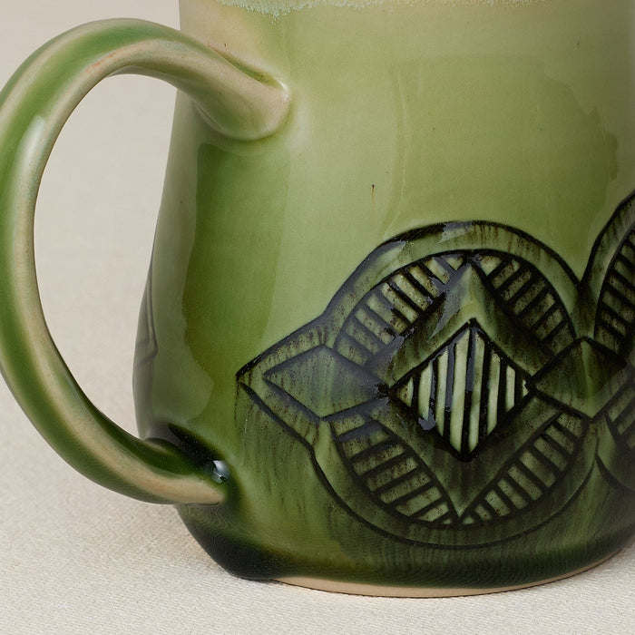 Close-up details of hand-thrown mug by Rookwood