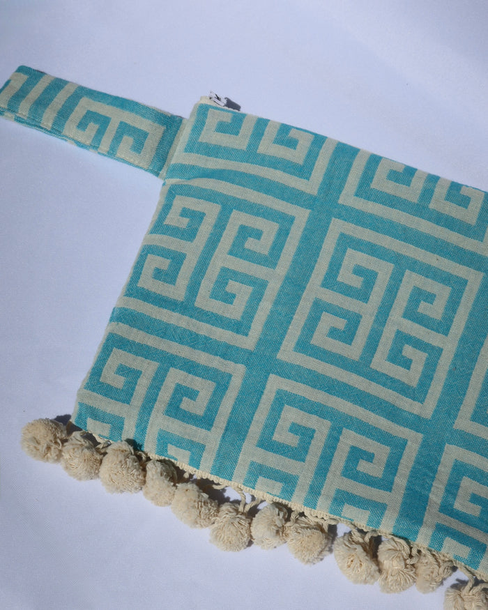 Handcrafted Wet/Dry Clutch Bag - Turquoise Greek Key Print