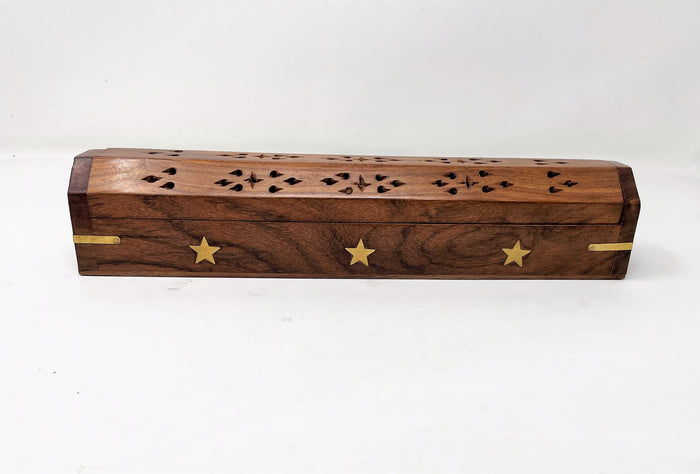Handcrafted Wooden Coffin Incense Burner with Inlay Brass Stars & Cut Out Designs