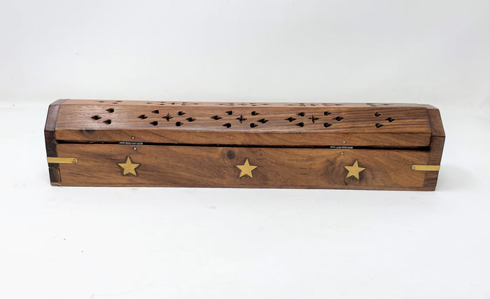 Handcrafted Wooden Coffin Incense Burner with Inlay Brass Stars & Cut Out Designs