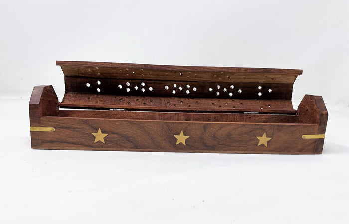 Handcrafted Wooden Coffin Incense Burner with Inlay Brass Stars & Cut Out Designs