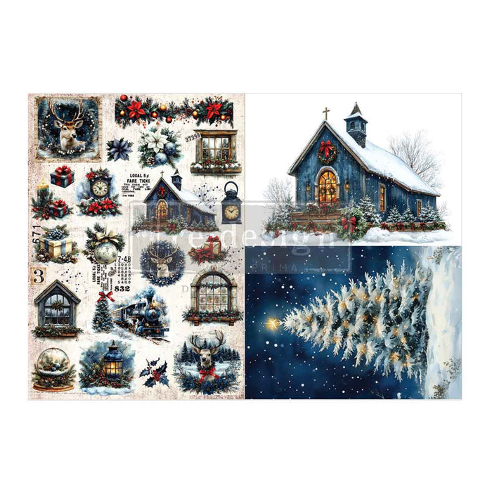 A collage of Christmas-themed illustrated designs and decals, including a snow-covered church, a snowy tree under a starry night sky, ornaments, garlands, a train, deer, and holiday text on a light background.