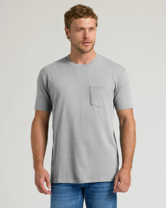 Heather gray crew neck t-shirt with chest pocket, short sleeves.