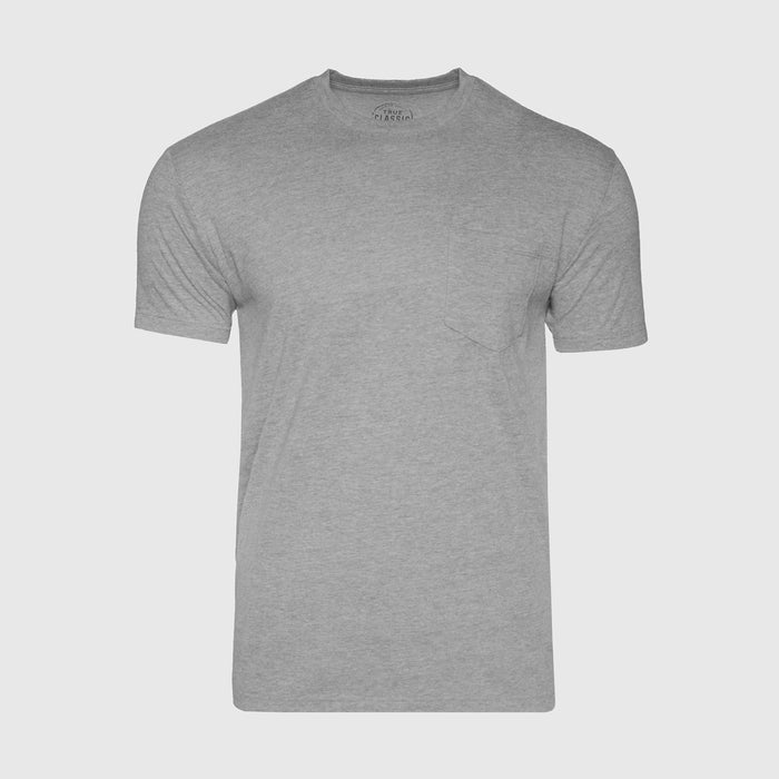 Heather gray crew neck T-shirt with left chest pocket.