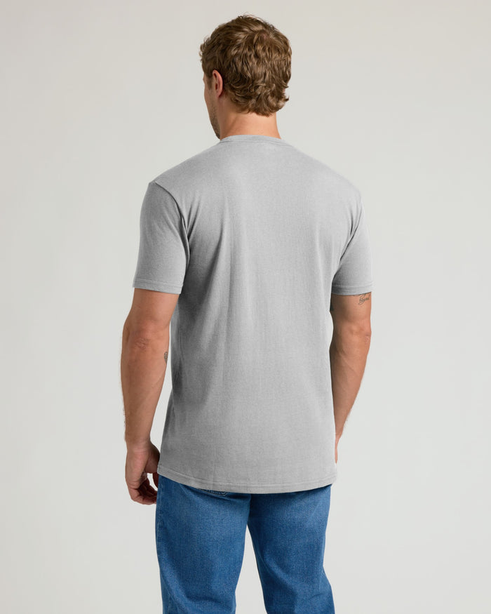 Heather gray short-sleeve crew neck t-shirt with back view and side pocket.