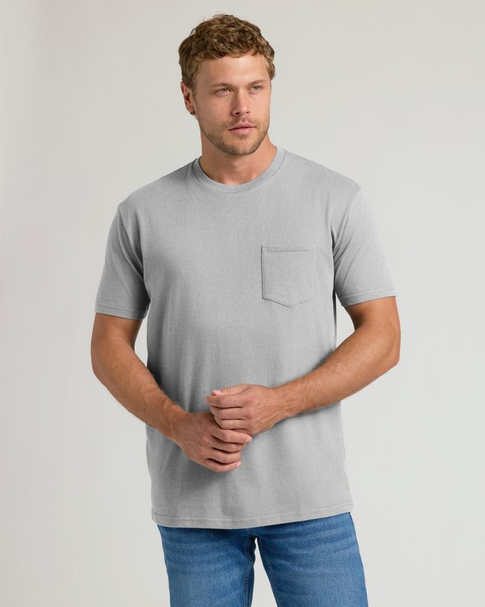 Heather gray short-sleeve crew neck tee with chest pocket and straight hem.