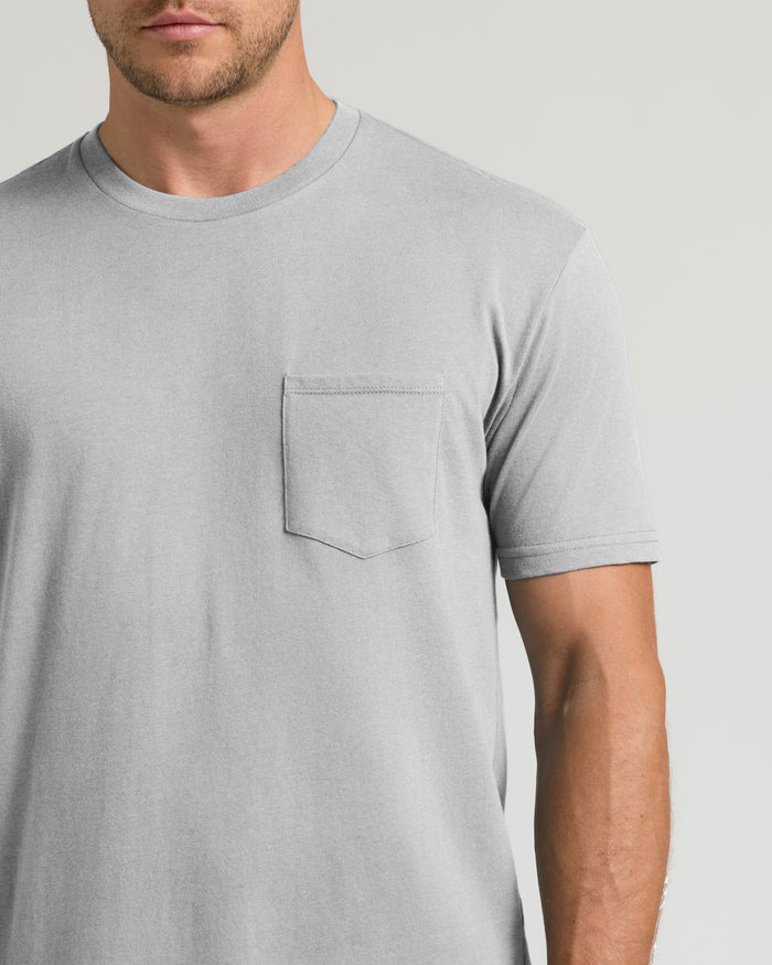Heather gray short-sleeve crew neck t-shirt with chest pocket.