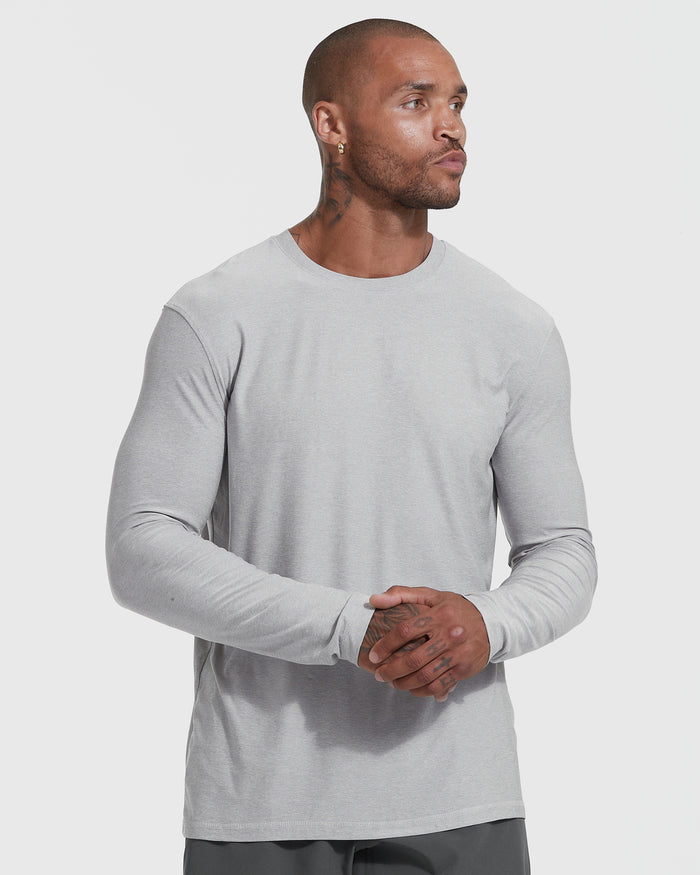 Heather Light Gray Active Long Sleeve Crew T-Shirt worn by male model.