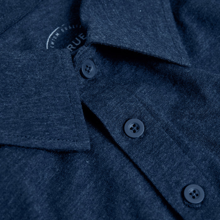 Heather Navy Classic Polo close-up, highlighting collar and top buttons.