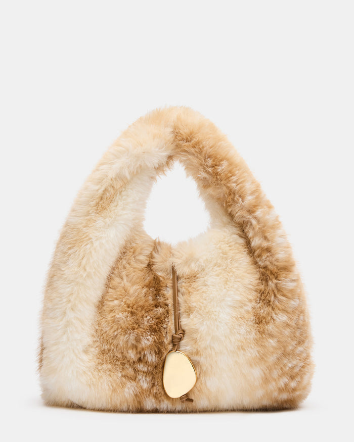HELGA Tan Multi Faux Fur Gold Detail Top Handle Handbag | Steve Madden