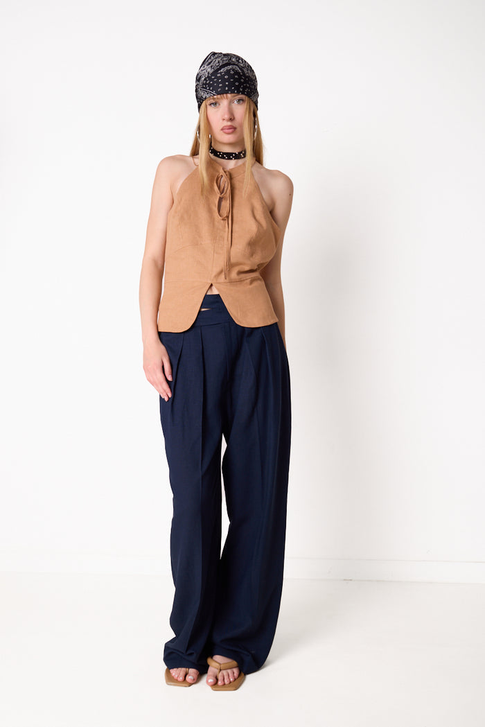High-waist pleated wide-leg trousers with buckle waist detail wholesale