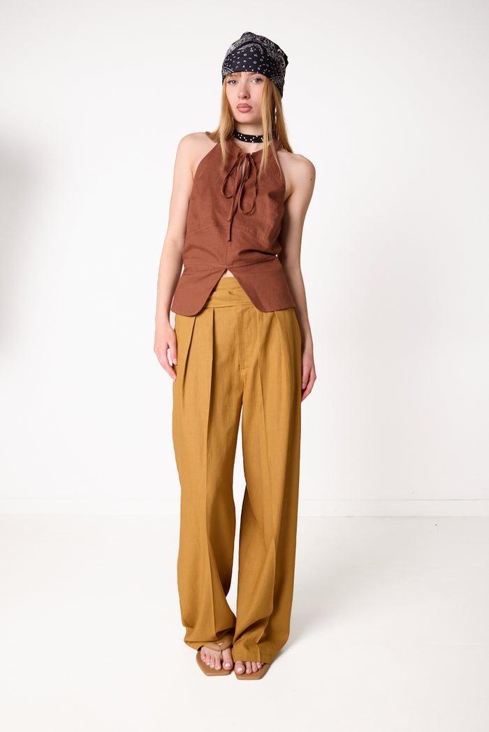 High-waist pleated wide-leg trousers with buckle waist detail wholesale