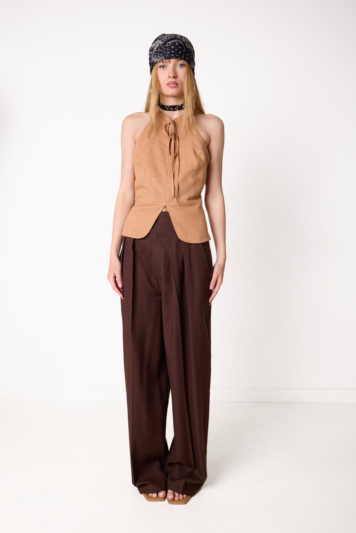 High-waist pleated wide-leg trousers with buckle waist detail wholesale