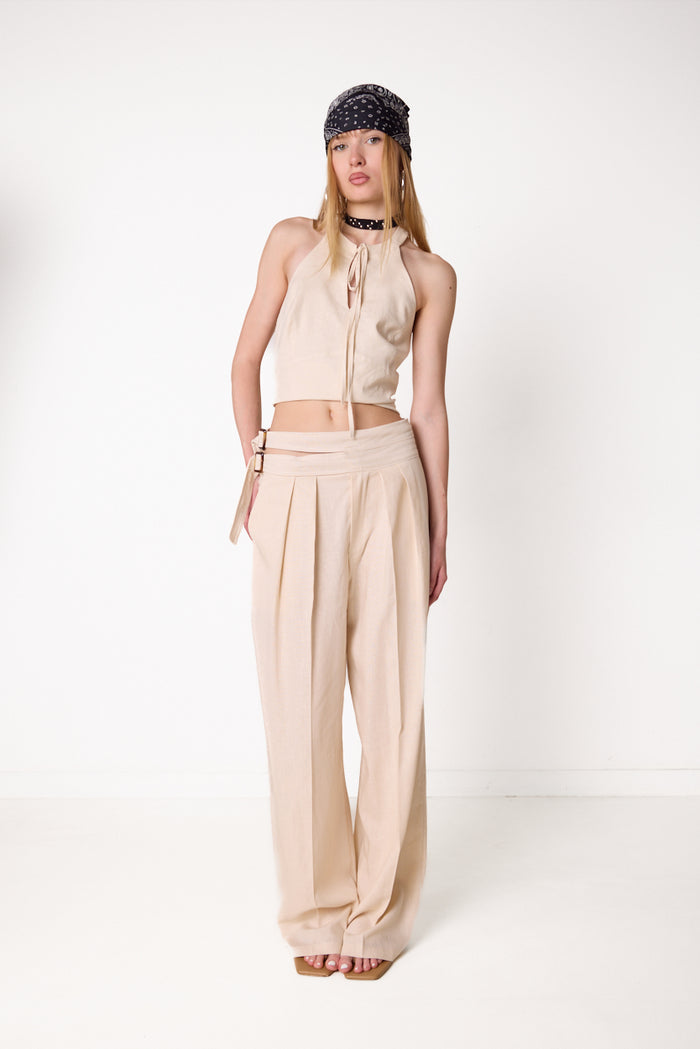 High-waist pleated wide-leg trousers with buckle waist detail wholesale