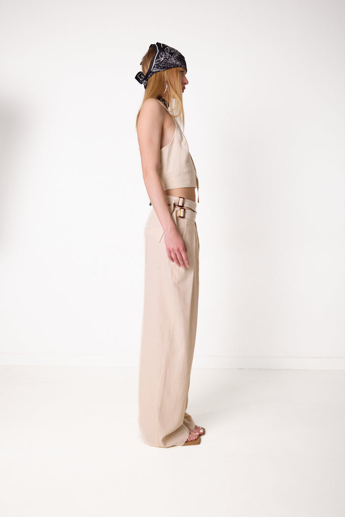 High-waist pleated wide-leg trousers with buckle waist detail wholesale