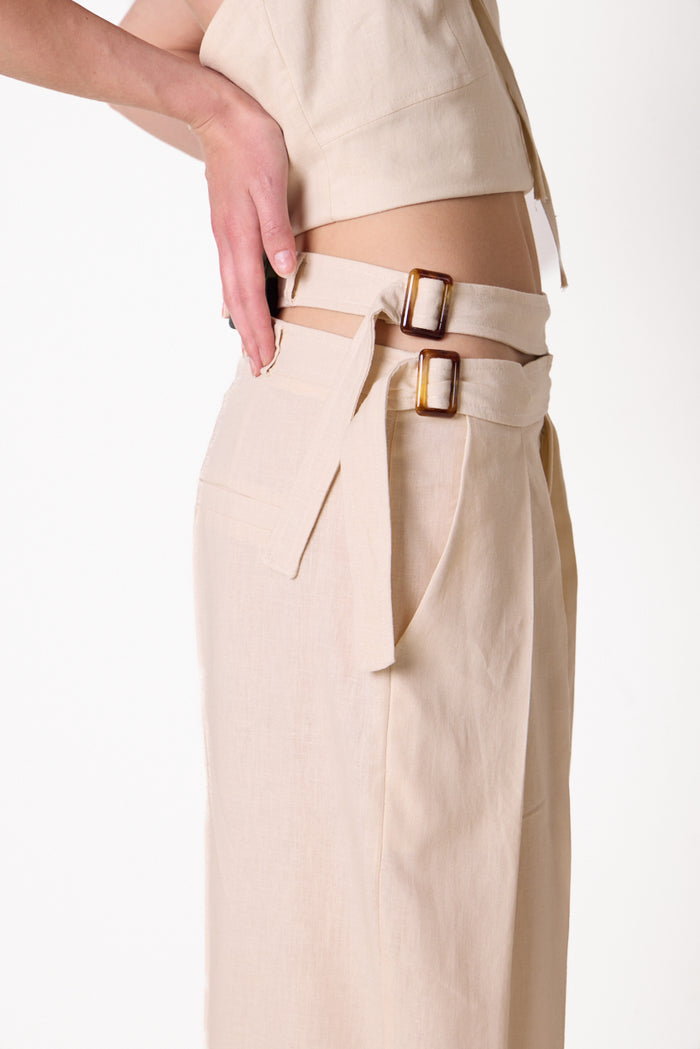 High-waist pleated wide-leg trousers with buckle waist detail wholesale