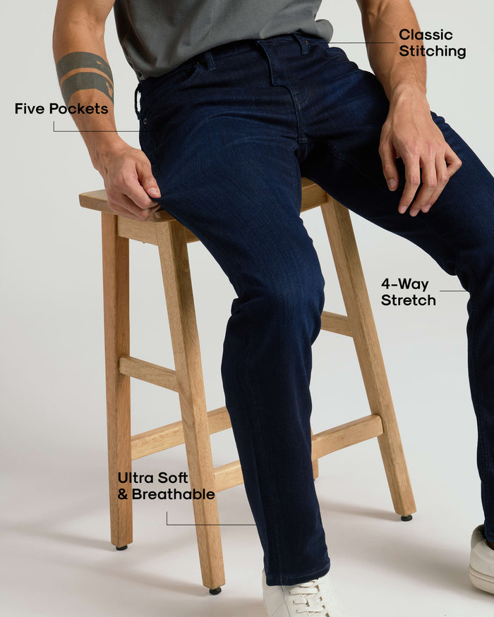 Indigo Wash Straight Comfort Stretch Jeans with five pockets and classic stitching.