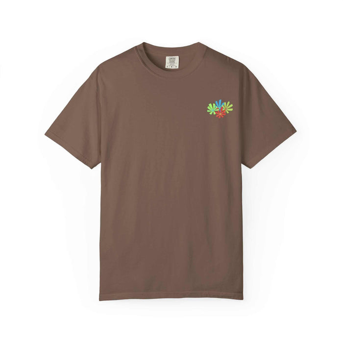 Island Tropical T-shirt in brown with colorful leaf design, unisex, available in sizes S to 4XL.