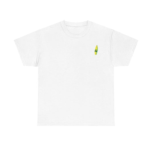 Island Vibes Tee with green, gold, and black surfboard graphic.
