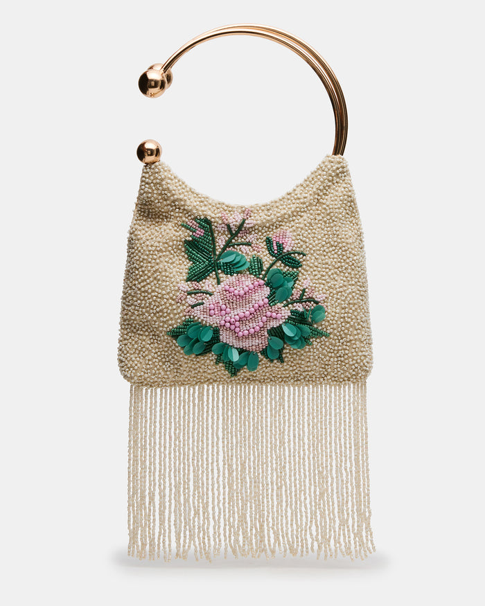 Kae Multi Beaded Flower Fringe Clutch Handbag | Steve Madden