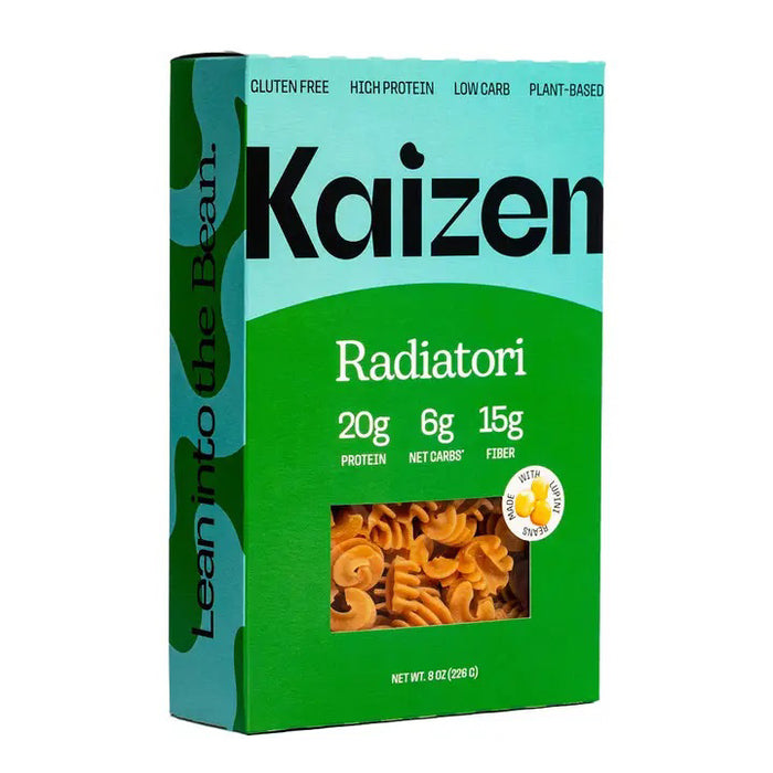 A box of KAIZEN - RADIATORI PASTA by KAIZEN FOOD COMPANY, labeled gluten free, low carb, and plant-based. The front shows 20g protein, 6g net carbs, and 15g fiber per serving.