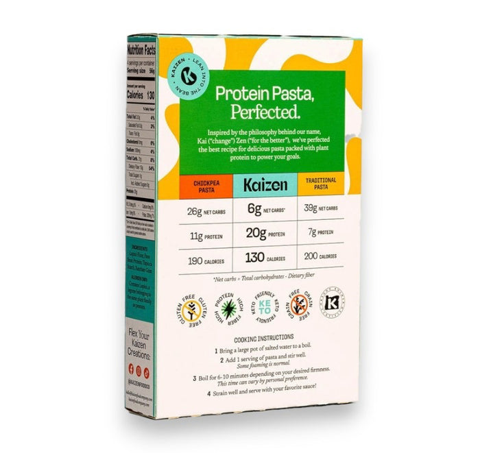A box of KAIZEN - RADIATORI PASTA by KAIZEN FOOD COMPANY, labeled gluten free, low carb, and plant-based. The front shows 20g protein, 6g net carbs, and 15g fiber per serving.