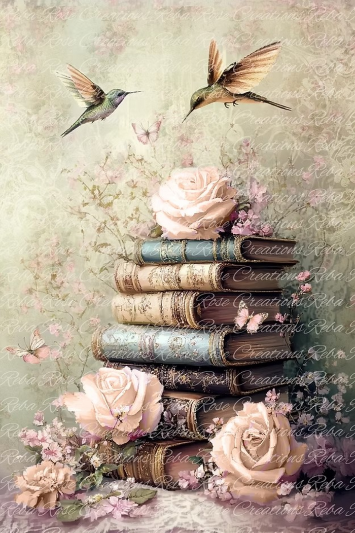 Kelli Kat's Books & Hummingbirds Rice Paper by Reba Rose Creations