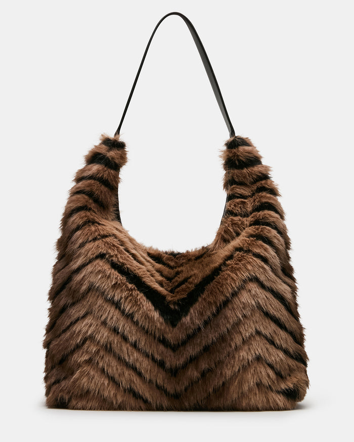 KENZI Black/Tan Chevron Faux Fur Tote Handbag | Steve Madden