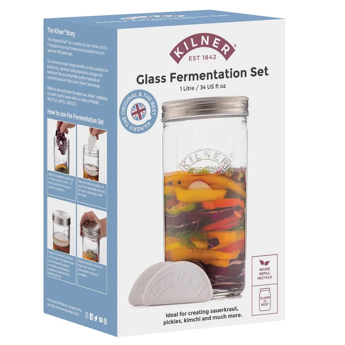 Kilner 1L Glass Fermentation Jar Set Wide Mouth With Airlock Valve Lid, Weights