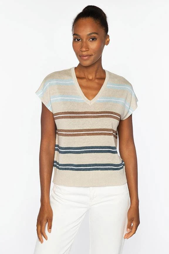 The KINROSS CASHMERE Cap Sleeve Vee Neck Linen Sweater by KINROSS features a light blue linen knit, V-neck pullover style, and ribbed hem, shown against a plain white background.