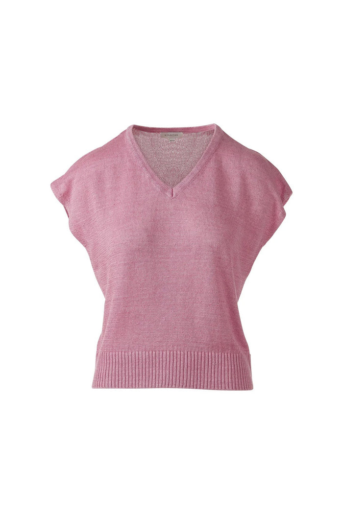 The KINROSS CASHMERE Cap Sleeve Vee Neck Linen Sweater by KINROSS features a light blue linen knit, V-neck pullover style, and ribbed hem, shown against a plain white background.