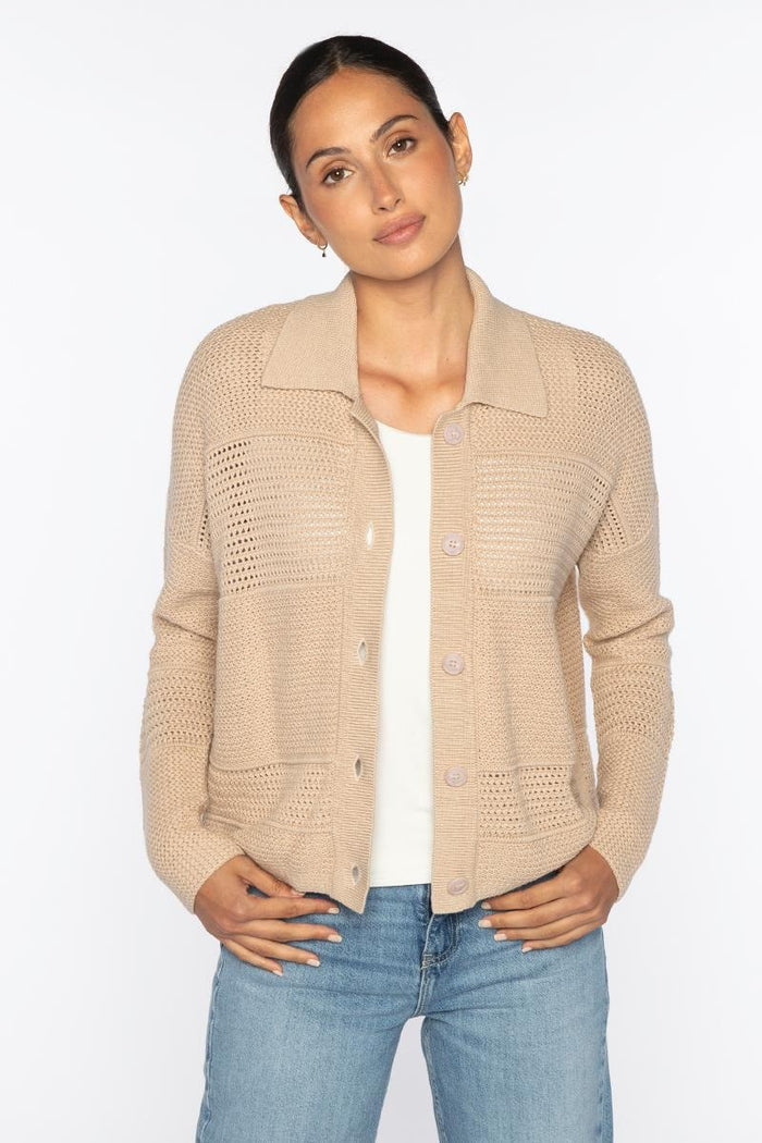 The KINROSS CASHMERE Mixed Texture Collared Cotton Cardigan by KINROSS is a white, long-sleeve button-up cardigan with a textured knit and slightly cropped fit, made from 100% cotton.