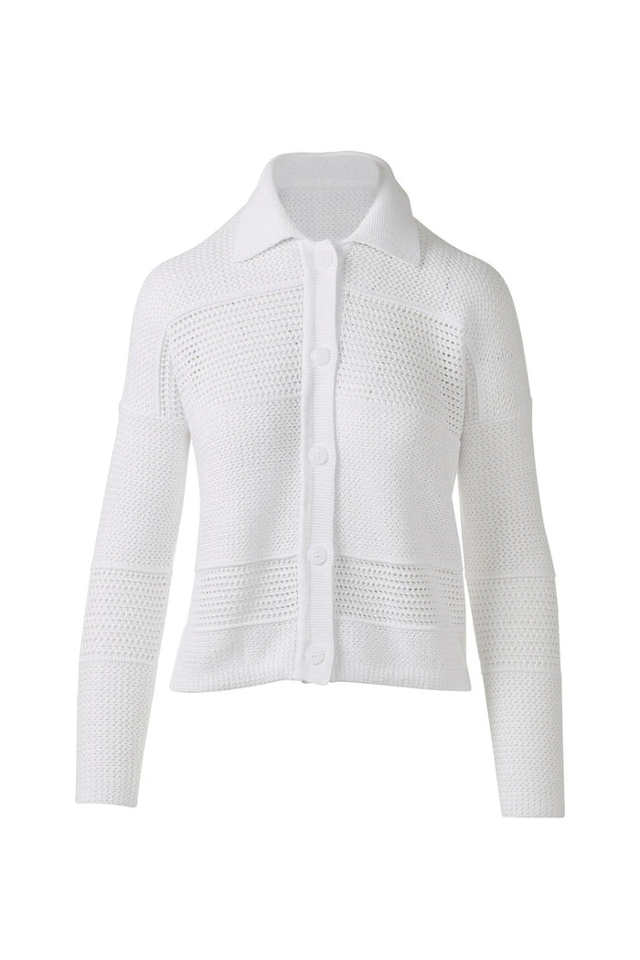 The KINROSS CASHMERE Mixed Texture Collared Cotton Cardigan by KINROSS is a white, long-sleeve button-up cardigan with a textured knit and slightly cropped fit, made from 100% cotton.