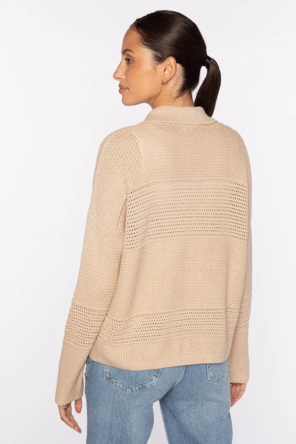 The KINROSS CASHMERE Mixed Texture Collared Cotton Cardigan by KINROSS is a white, long-sleeve button-up cardigan with a textured knit and slightly cropped fit, made from 100% cotton.