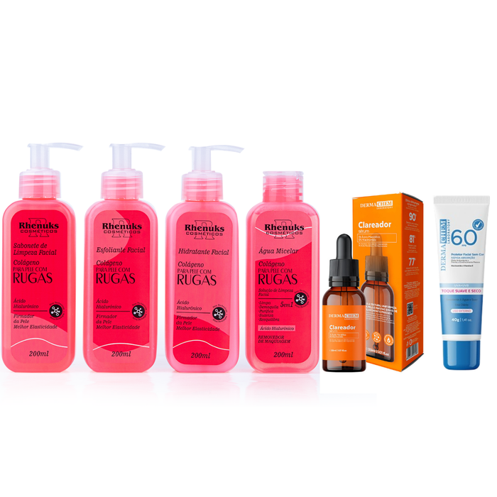 Kit SkinCare Anti Rugas com Colágeno Rhenuks  + Sérum Clareador Dermachem + Protetor Solar FPS 60 Dermachem