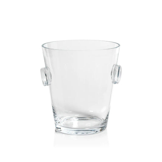 The ZODAX LA SERENA BEVELED GLASS ICE BUCKET features two round handles and a clear glass design. Measuring 7 in x 7.75 in, it’s perfect for entertaining and easy to carry, as shown on a white background.
