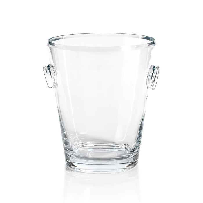 The ZODAX LA SERENA BEVELED GLASS ICE BUCKET stands empty on a white background, featuring clear glass with two small loop handles on opposite sides. Dimensions: 8.5 x 10 inches.