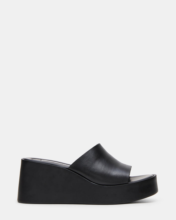 LEORA Black Leather Mule Wedge Women's Sandal | Steve Madden