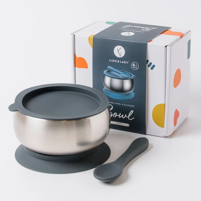 Lion & Lady 18/8 Stainless Steel Feeding Bowl with Silicone Suction Base, Airtight Lid and Spoon