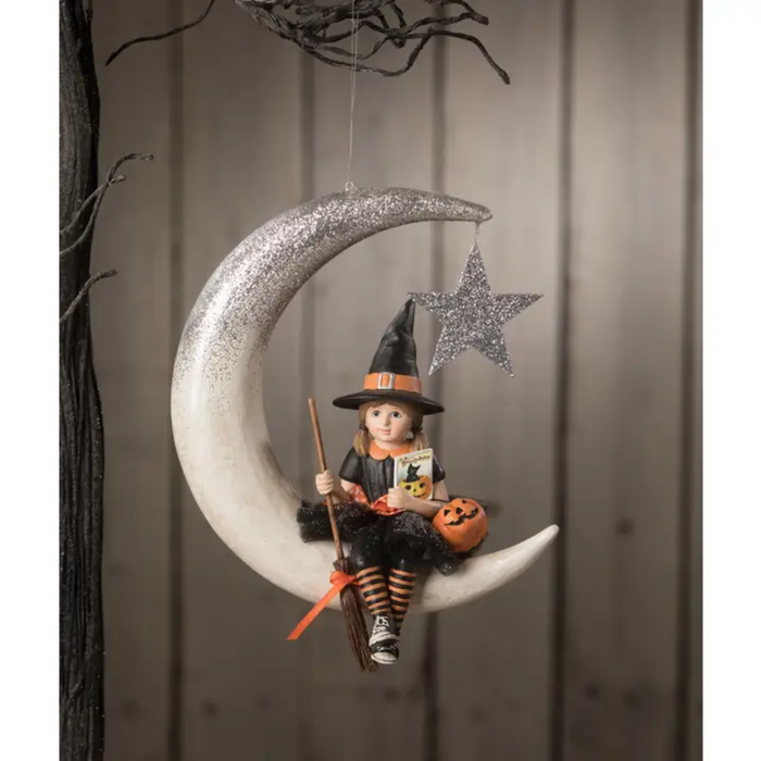 Little Fraya Witch on Moon Halloween Ornament by Bethany Lowe Designs