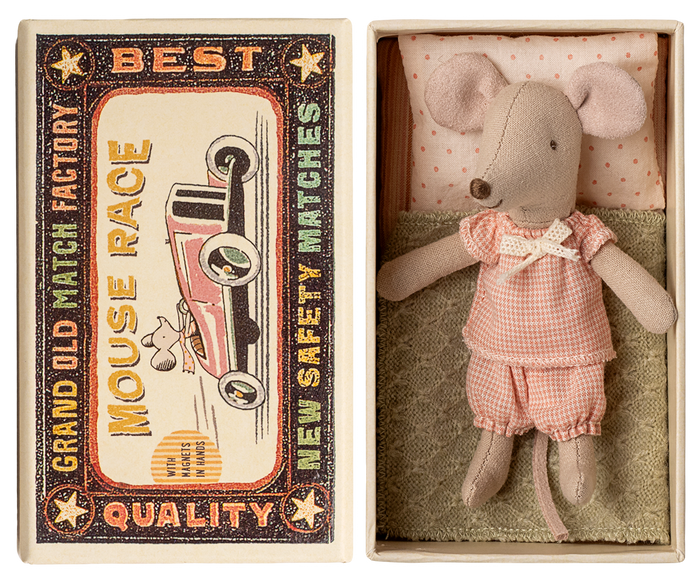 Stuffed mouse toy in a matchbox with vintage-style packaging.